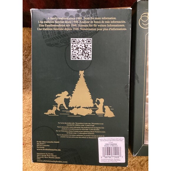 Krebs Christmas Glass Bulb Ornaments Gold Lambs Wool Velvet With Leaf & Berries - Picture 6 of 8